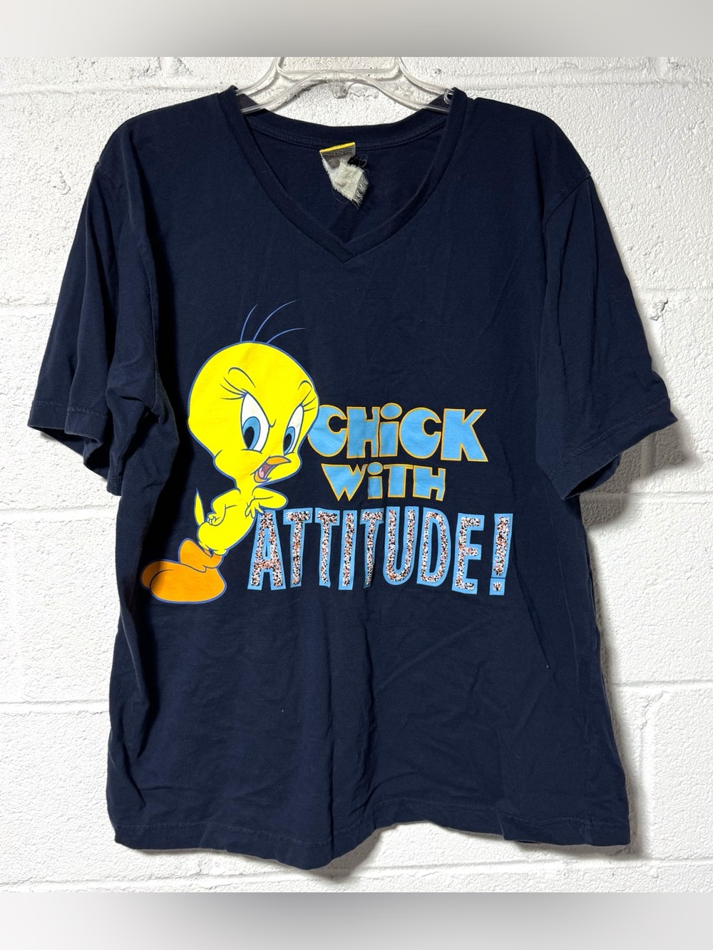 Vtg Looney Tunes Tweety Bird Chick With Attitude Beaded V Neck T Shirt XL Y2K